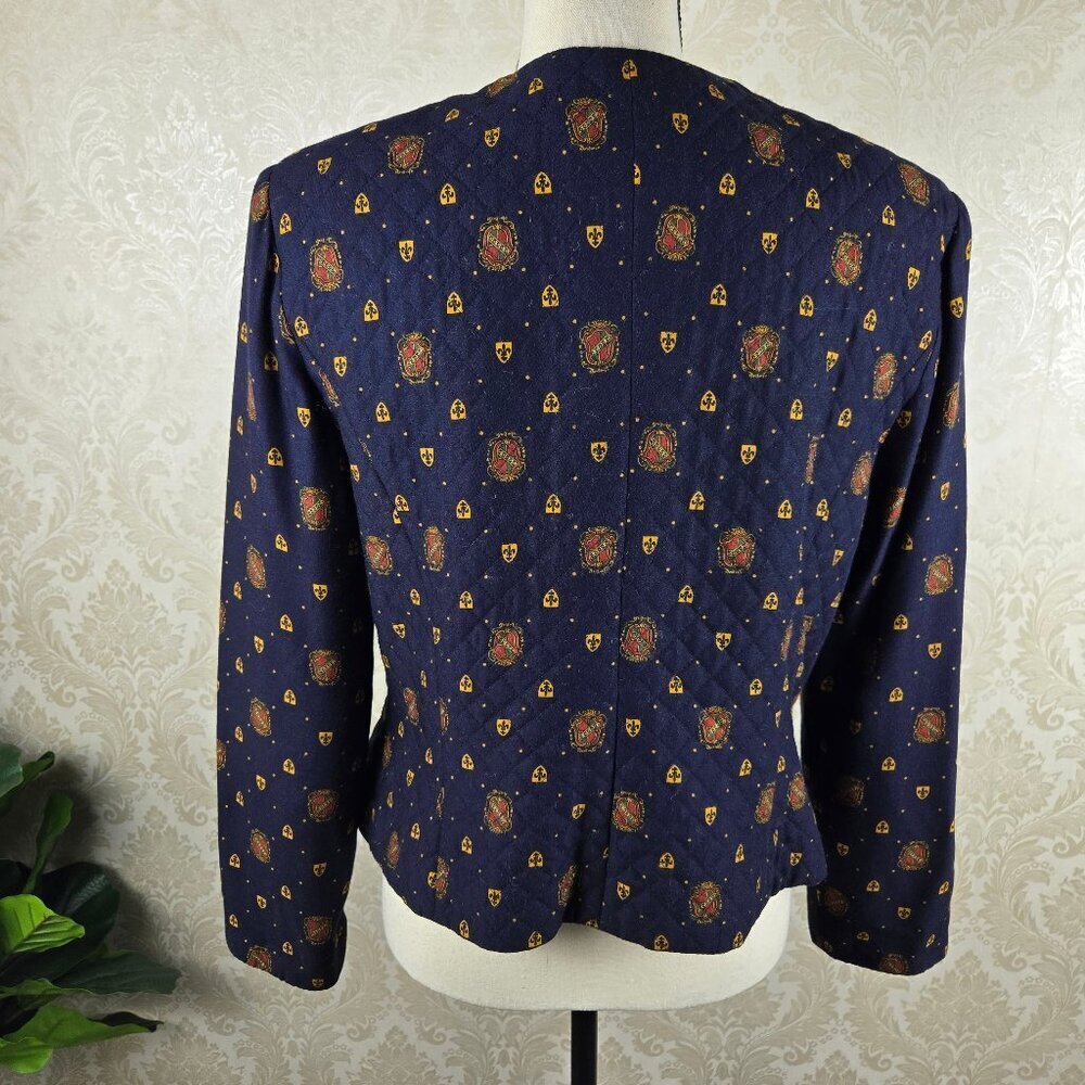 Maggy London Size 12 Navy Blue Quilted Jacket Button Front Crest Fleur De Lis — image 7 of 8